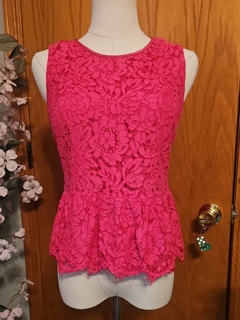 J Crew Hot Pink Lace Peplum Top